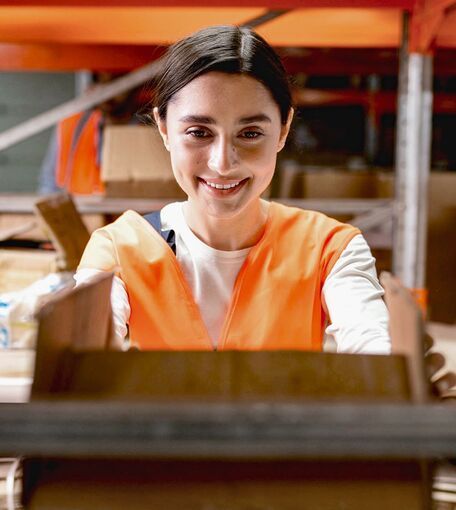 Eine junge Frau mit orangener Warnweste arbeitet lächend in einem Lager mit Kartons und Boxen.